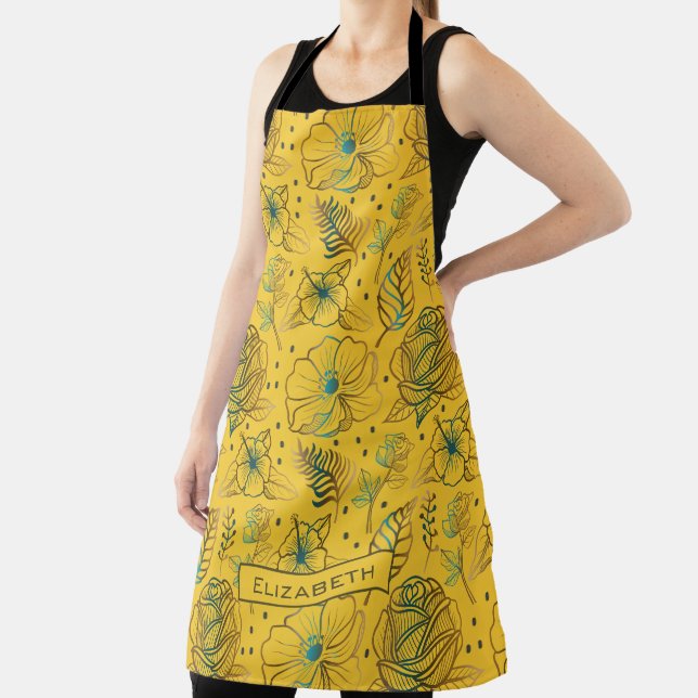 Yellow floral seamless pattern personalised name  apron (Insitu)