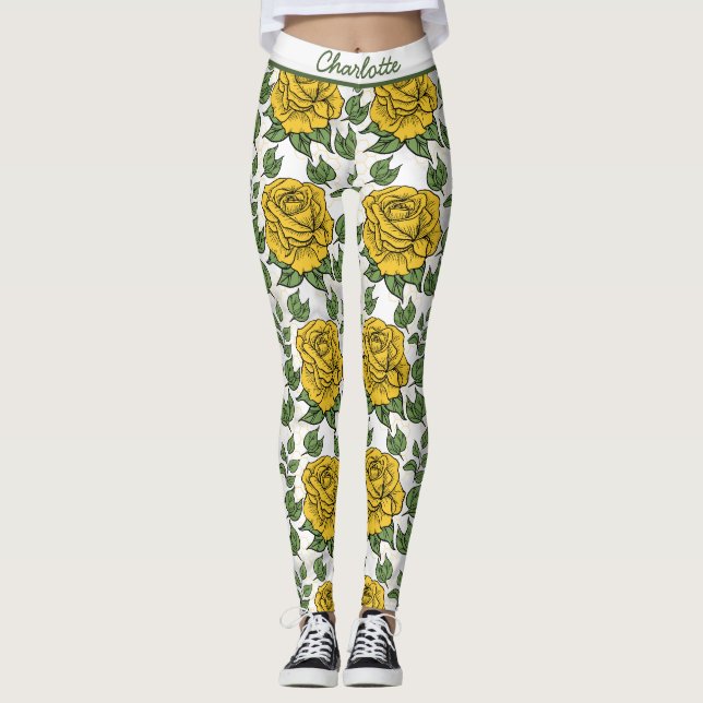 Yellow floral seamless pattern personalised name leggings (Front)