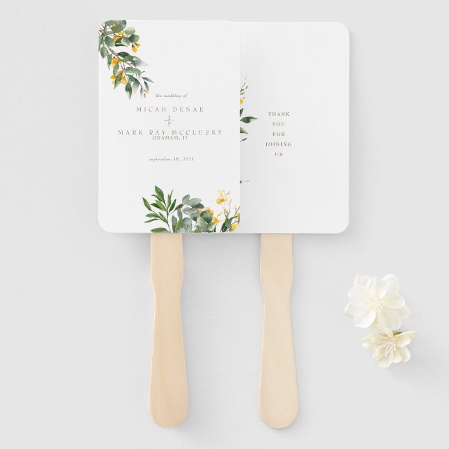 Yellow Floral Simple Gold Text Hand Fan (Front and Back)