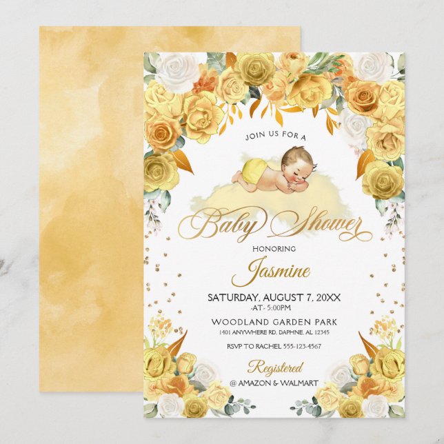 Yellow Floral Sleeping Baby Shower Invitation (Front/Back)