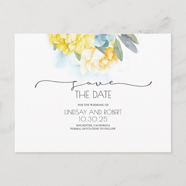 Yellow Floral Soft Blue Save the Date Announcement Postcard (Front)