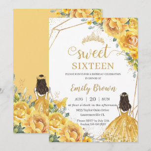 Yellow Floral Sweet 16 Birthday Princess Crown Invitation