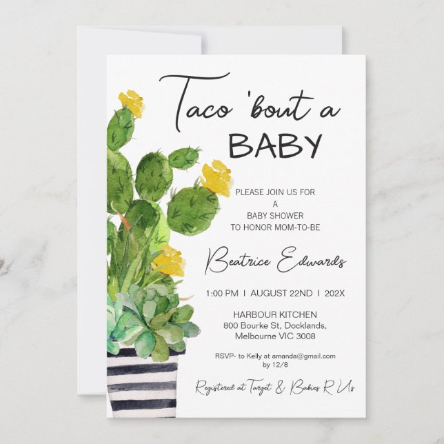 Yellow Floral Taco 'Bout a Baby Cactus Baby Shower Invitation (Front)