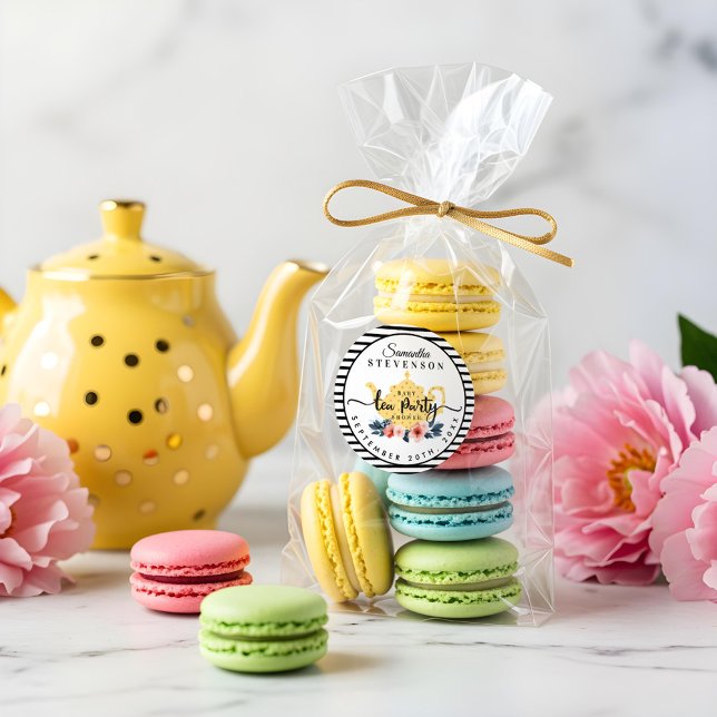 Yellow Floral Tea Party Teapot Stripe Baby Shower Classic Round Sticker (Yellow Floral Tea Party Teapot Stripe Baby Shower Classic Round Sticker)