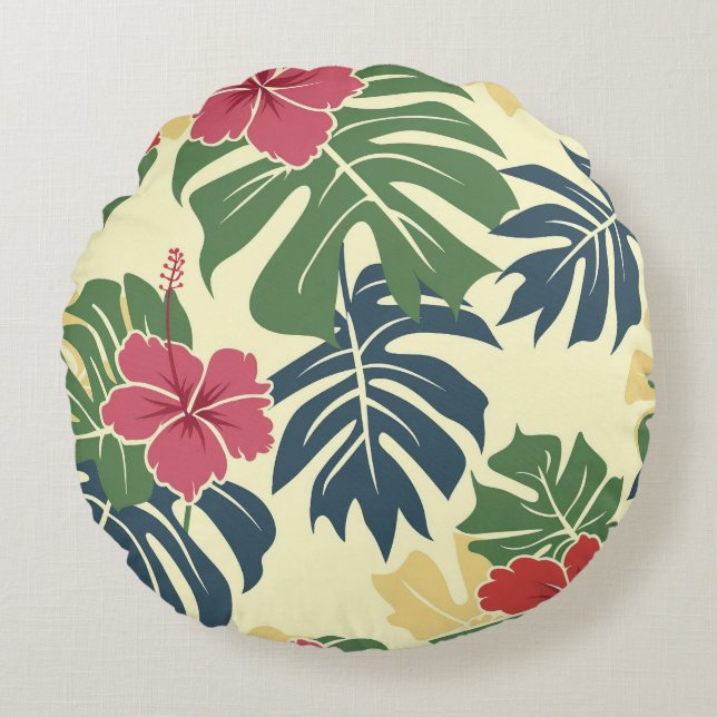 Yellow Floral Tropical Round Pillow (Front)