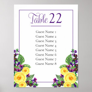 Yellow Floral   Violets Table Number Seating Sign