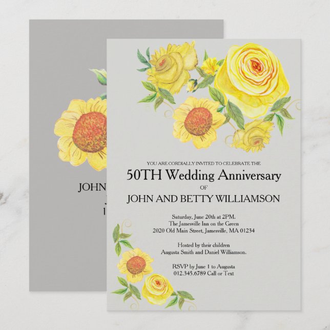 Yellow Floral Watercolor 50th Wedding Anniversary Invitation (Front/Back)