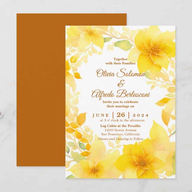 Yellow floral watercolor boho modern wedding  invitation (Front/Back)