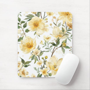 Yellow Floral Watercolor Botanical Garden Mouse Mat