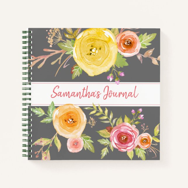 Yellow floral watercolor custom script journal (Front)