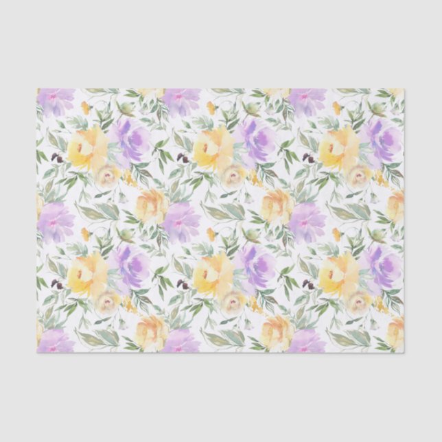 Yellow Floral Watercolor Decoupage Purple  Tissue Paper (Front)