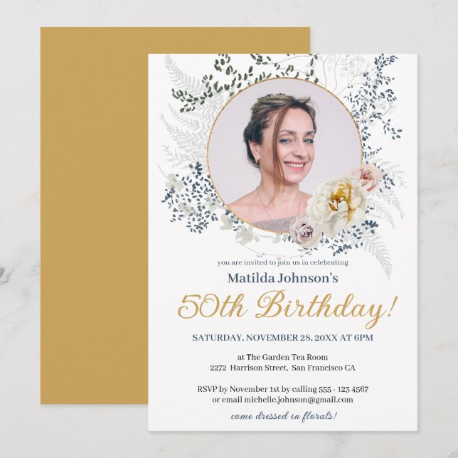 Yellow Floral Watercolor Photo 50th Birthday  Invitation (Front/Back)
