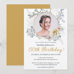 Yellow Floral Watercolor Photo 50th Birthday  Invitation
