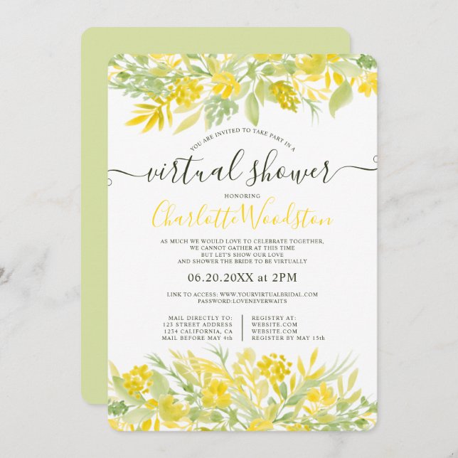 Yellow Floral watercolor script virtual shower Invitation (Front/Back)