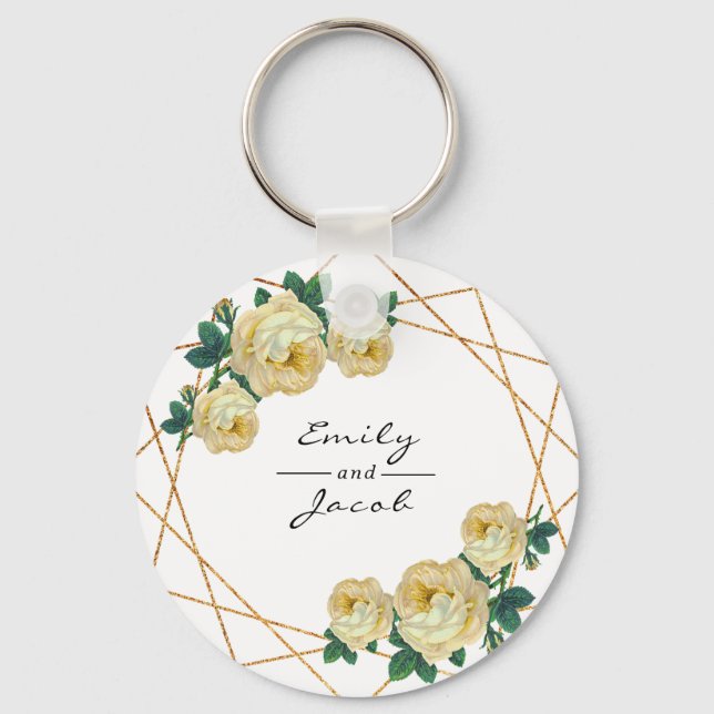 Yellow Floral Wed Elegant Gold Glitter Geometric Key Ring (Front)