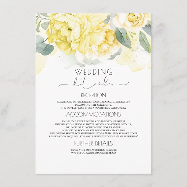 Yellow Floral Wedding Information Enclosure Card (Front)