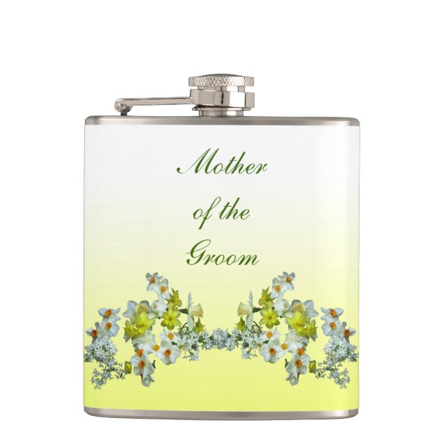 Yellow Floral Wedding Mother of the Groom Hip Flask (Front)