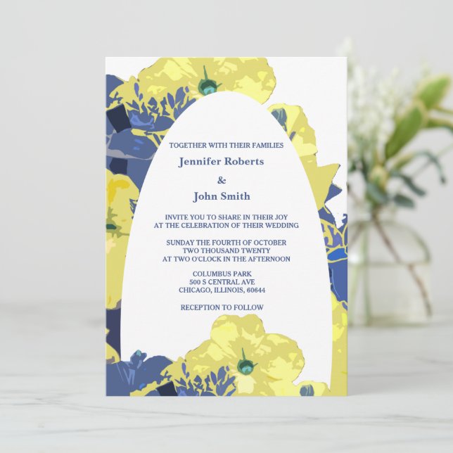 Yellow Floral White Blue Custom Artsy Arch Wedding Invitation (Standing Front)
