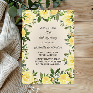 Yellow Floral Woman's 70th Birthday Party Invitation