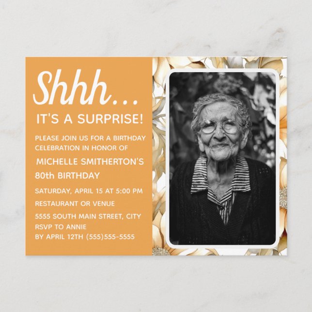 Yellow Floral Women's 80th Birthday Photo Invitation Postcard (Front)