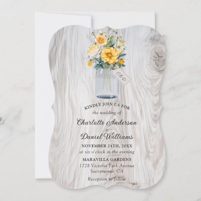 Yellow Floral Wood Mason Jar Wedding Invitation (Front)