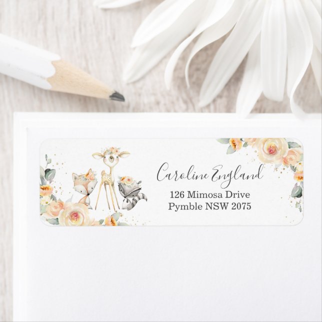 Yellow Floral Woodland Animals Return Address (Insitu)