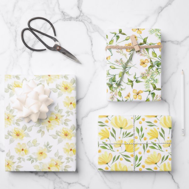 Yellow Floral Wrapping Paper, Botanical Gift Wrap (Front)