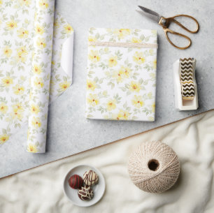 Yellow Floral Wrapping Paper, Watercolor Flowers Paper