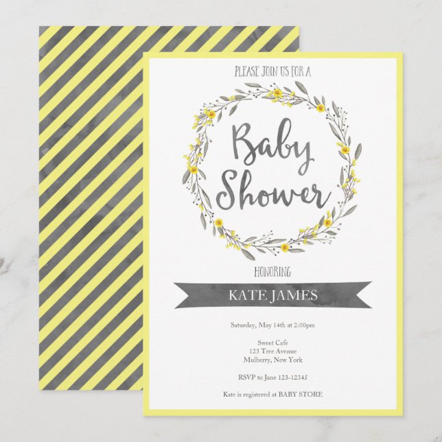 Yellow Floral Wreath Baby Shower Invitation (Front/Back)