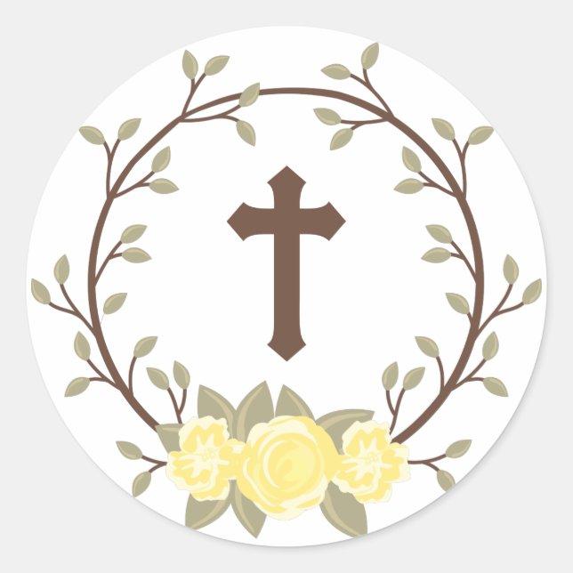 Yellow Floral Wreath Cross Baptism Christening Classic Round Sticker (Front)