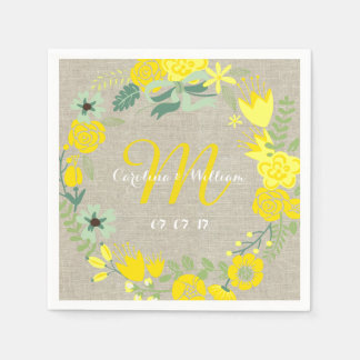 Yellow Floral Wreath Rustic Wedding Paper Napkins