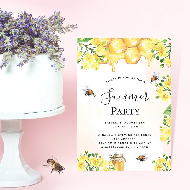 Yellow florals cute bumble bees summer party invitation (Creator Uploaded)