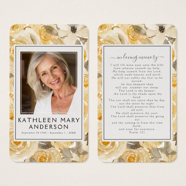 Yellow Florals Photo Funeral Memorial Prayer Card (Front & Back)