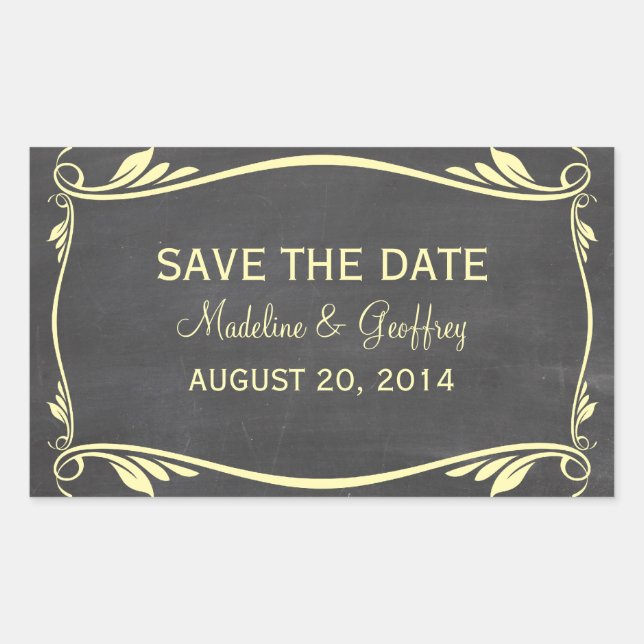 Yellow Flourish Chalkboard Save the Date Stickers (Front)