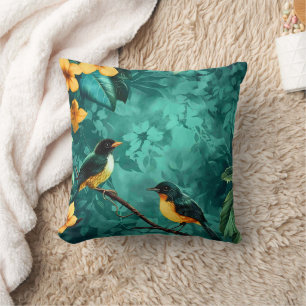 Yellow Flower and Bird Vintage Pattern Forest Cushion