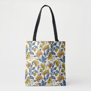 Yellow flower and blue leaf design seamless patter tote bag