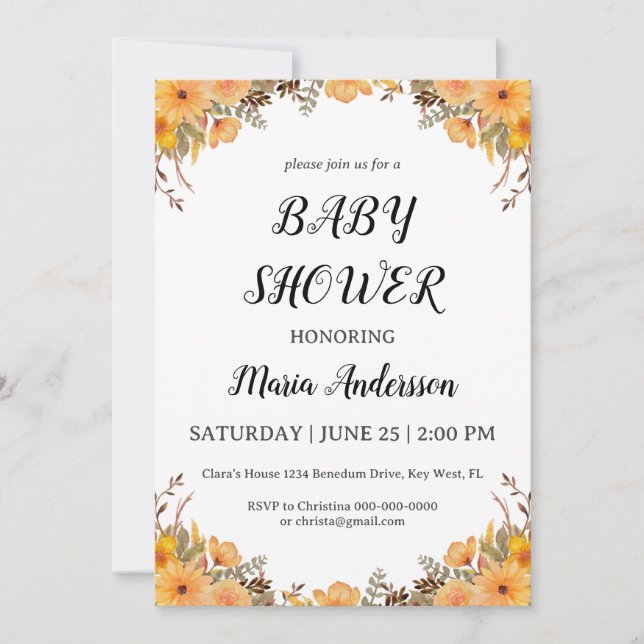 Yellow Flower Baby Girl Baby Shower Invitation (Front)