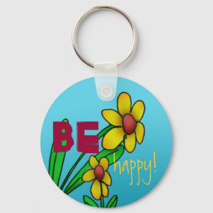 Yellow Flower Be Happy Sky Blue Key Chain Ring