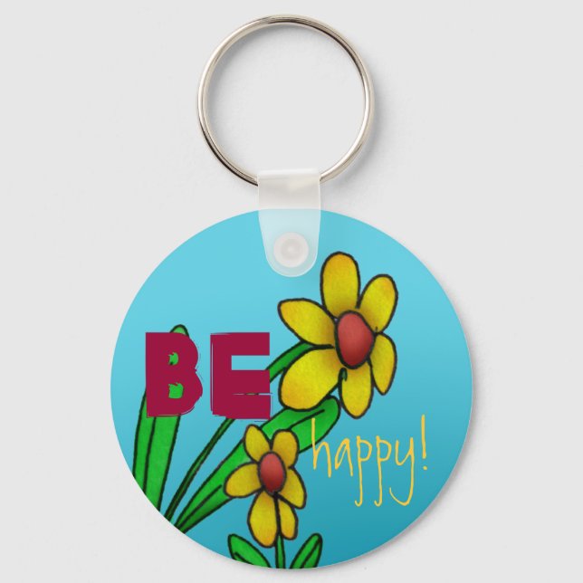 Yellow Flower Be Happy Sky Blue Key Chain Ring (Front)