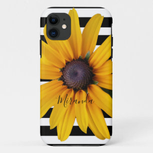 Yellow Flower Black White Stripes Name iPhone 11 Case