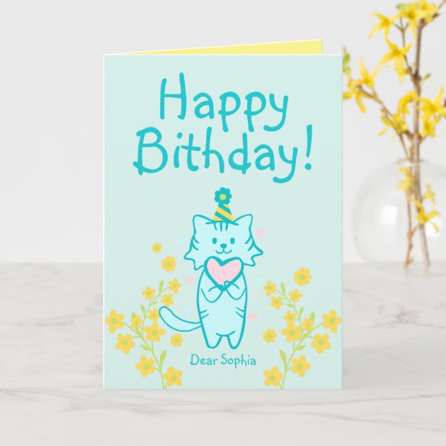 Yellow Flower&Blue Cat wearing Hat&Heart Birthday  Card (Yellow Flower)