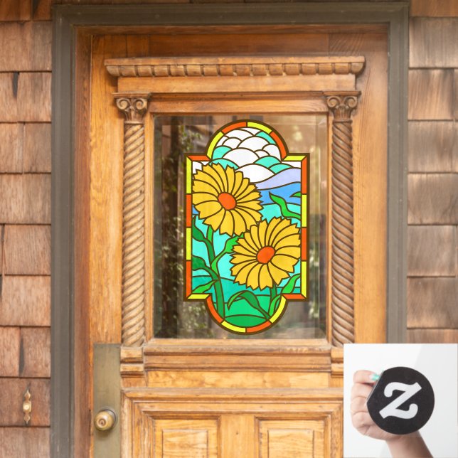 Yellow Flower Blue Sky Faux Stained Glass  Window Cling (Home Door)