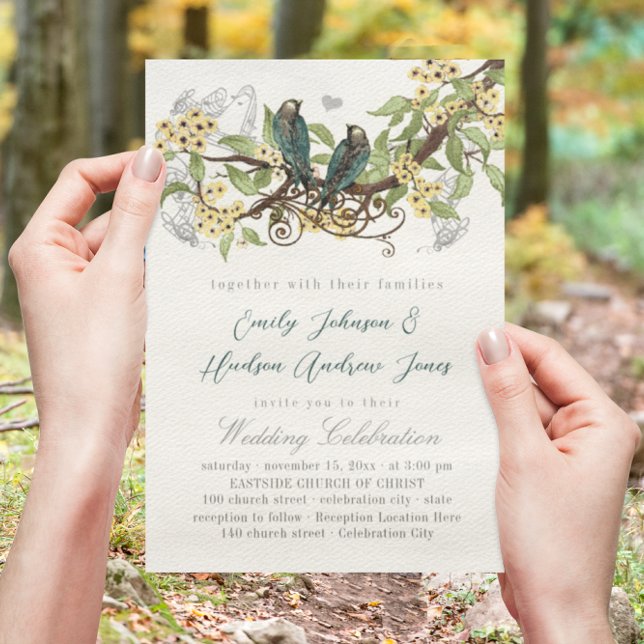 Yellow Flower Branch Vintage Birds Wedding Invite (Creator Uploaded)