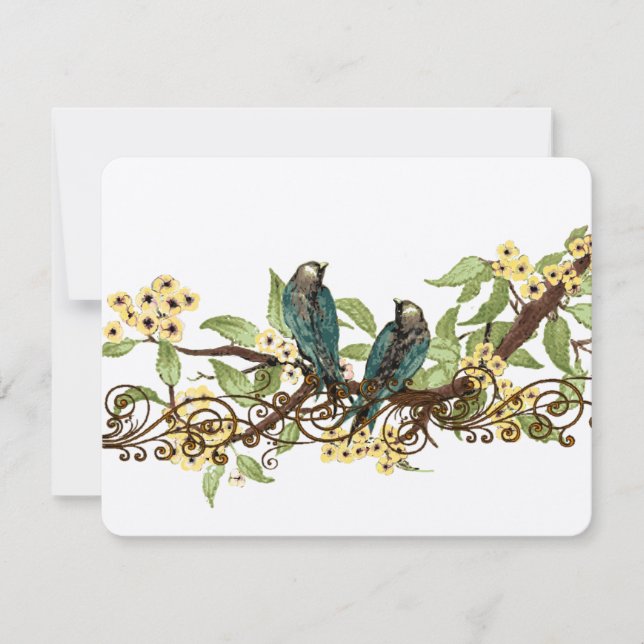 Yellow Flower Branch Vintage Birds Wedding RSVP (Front)