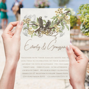 Yellow Flower Brown Vintage Birds Wedding Invite