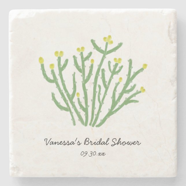 Yellow Flower Cholla Cactus Bridal Shower Stone Coaster (Front)