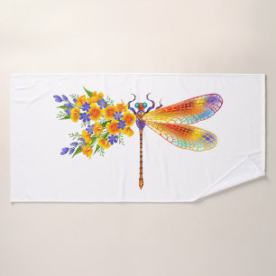 Yellow Flower Dragonfly Bath Towel