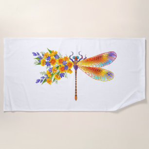 Yellow Flower Dragonfly Beach Towel
