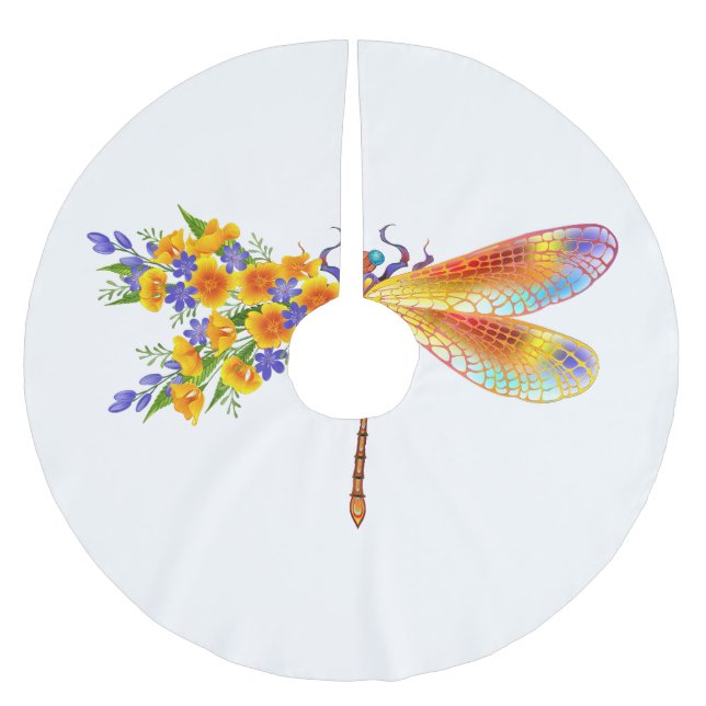 Yellow Flower Dragonfly Brushed Polyester Tree Skirt (Front)