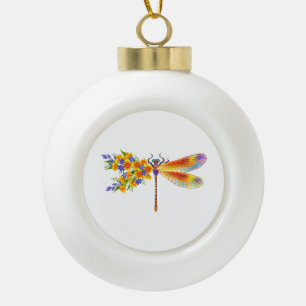 Yellow Flower Dragonfly Ceramic Ball Christmas Ornament